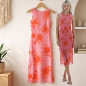 🛍️ Women’s pink orange Japanese floral Mesh sleeveless midi dress size SMALL
